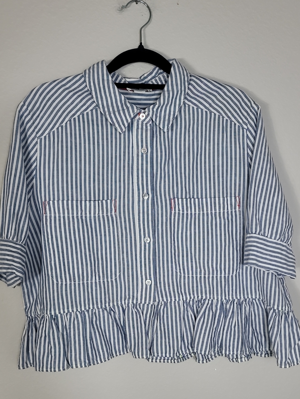 Sundance Blue White Button Up Peplum Shirt Size Large Coastal Grandma Nautical